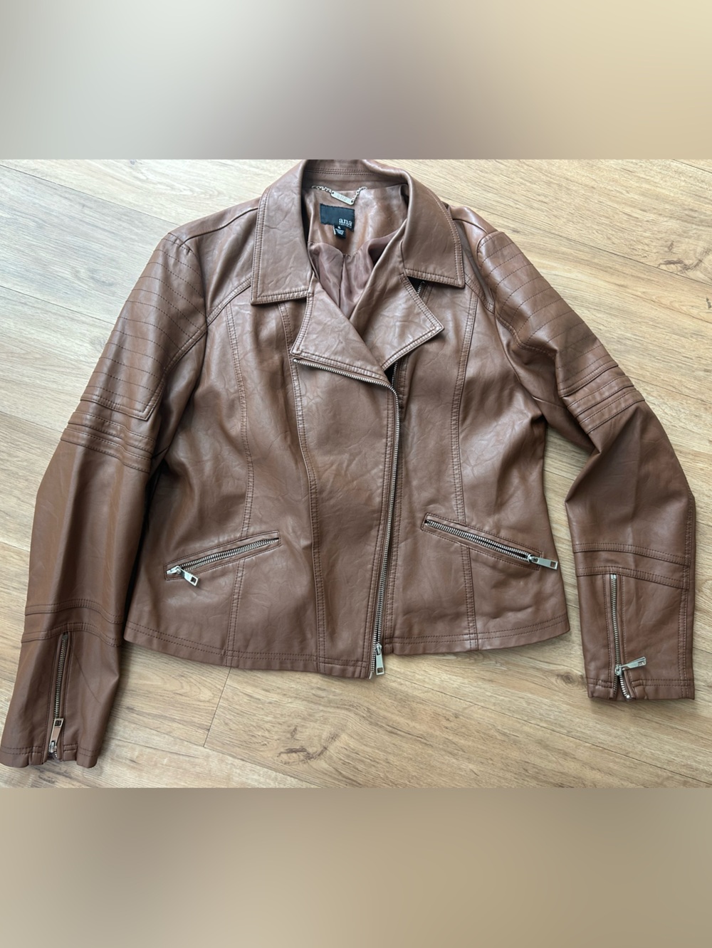 a.n.a Brown Faux Leather Moto Biker Women’s Ribbed Sleeve Full Zip Jacket XL